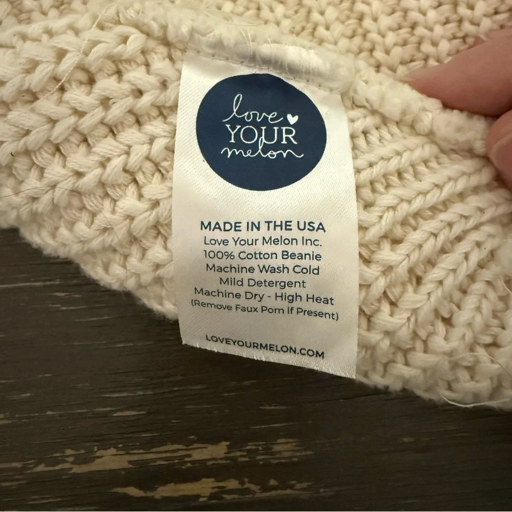Love Your Melon Slouch Cream Knit Beanie with Leather Patch Women